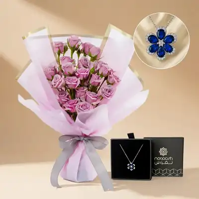 Exquisite Purple Rose Bouquet & Blue Gemstone Silver Necklace Set