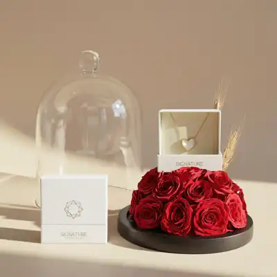 Elegant Pearl Heart Necklace with Enchanting Red Roses Combo