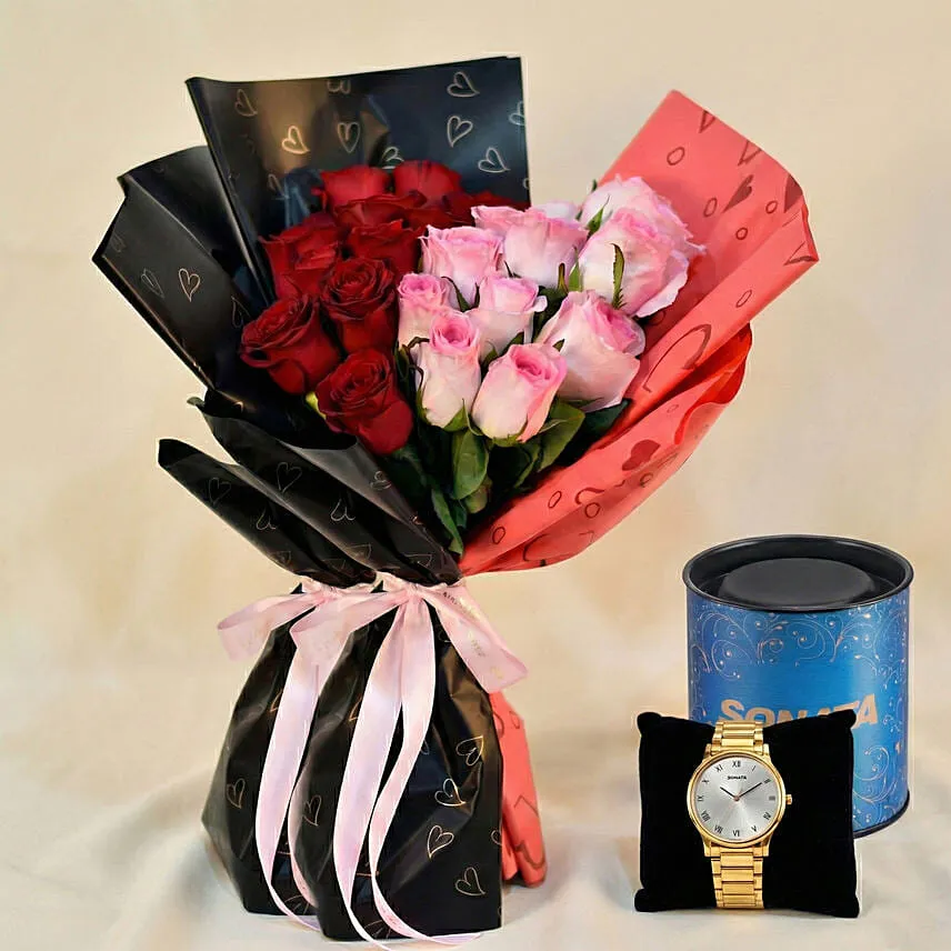24 Red & Pink Roses Valentines Bouquet n Watch For Him
