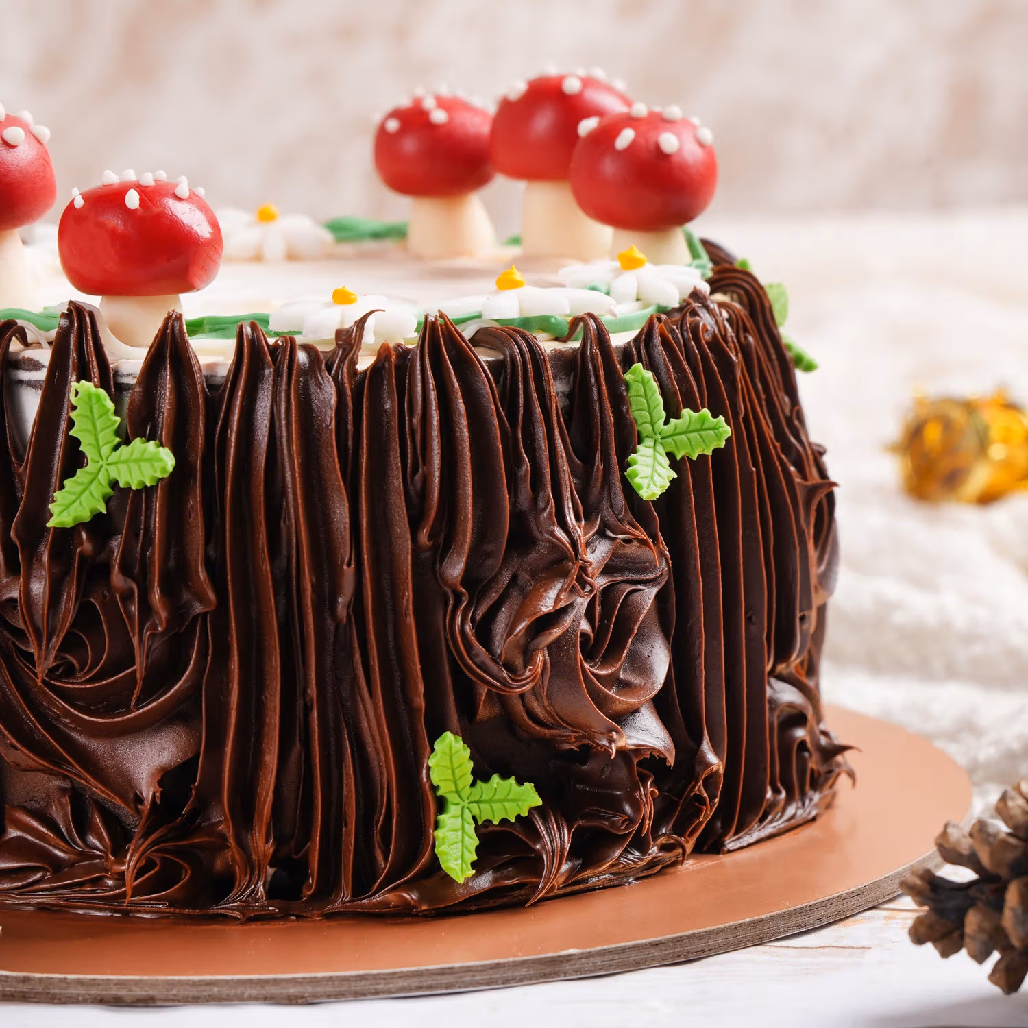 Festive 1 Kg Xmas Chocolate Cake with Decorative Mushrooms