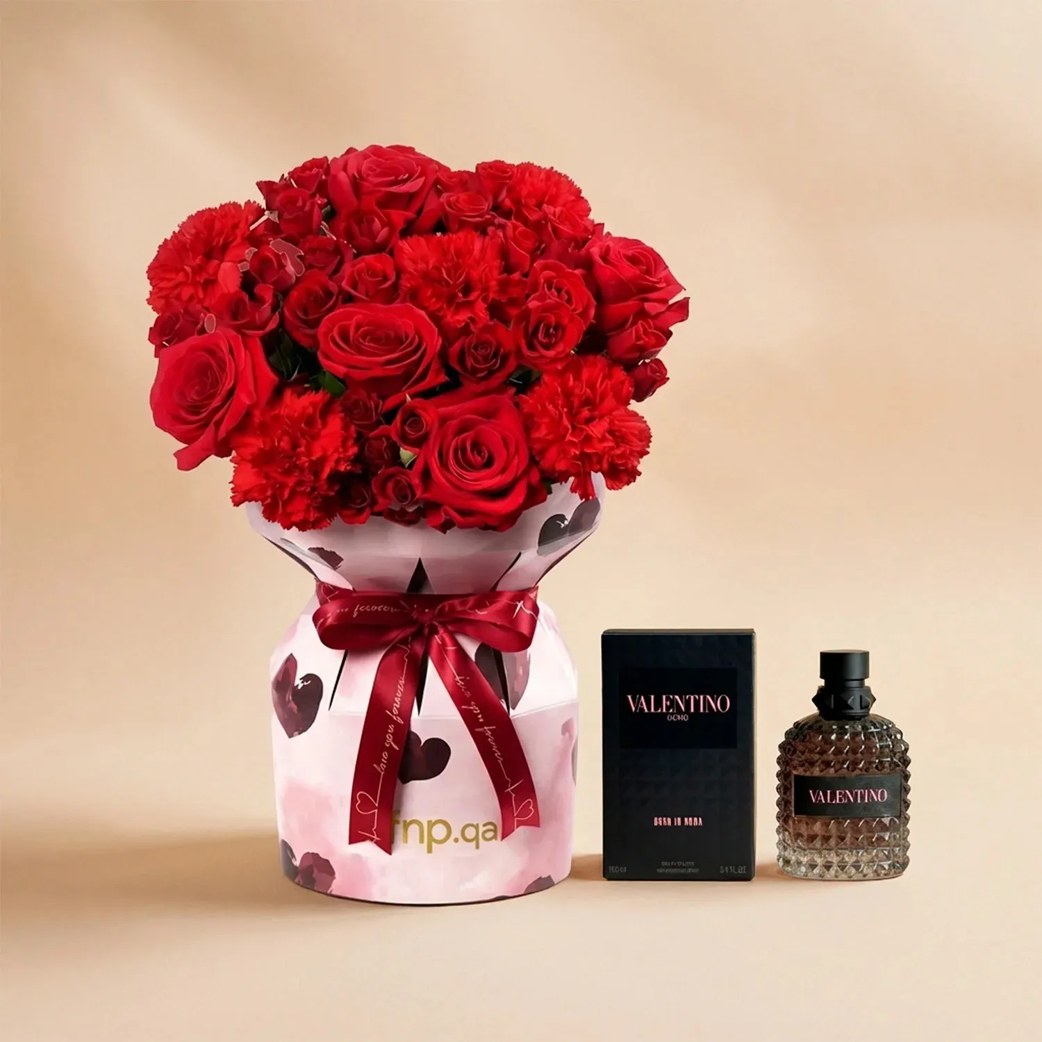 Passionate Red Romance Bouquet with Valentino Perfume