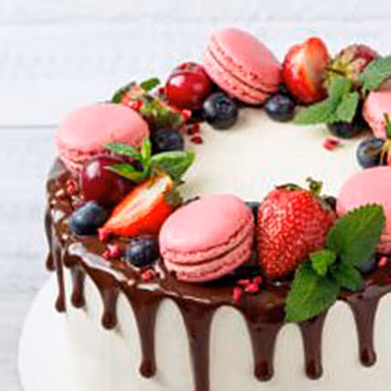 Vanilla Symphony Macaron Cake with Berries and Chocolate Drip