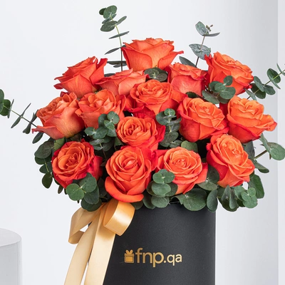 Exquisite 15 Orange Roses Box Arrangement with Eucalyptus and Ruscus