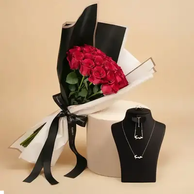 Timeless Romance: Dark Pink Rose Bouquet & Love Jewelry Set