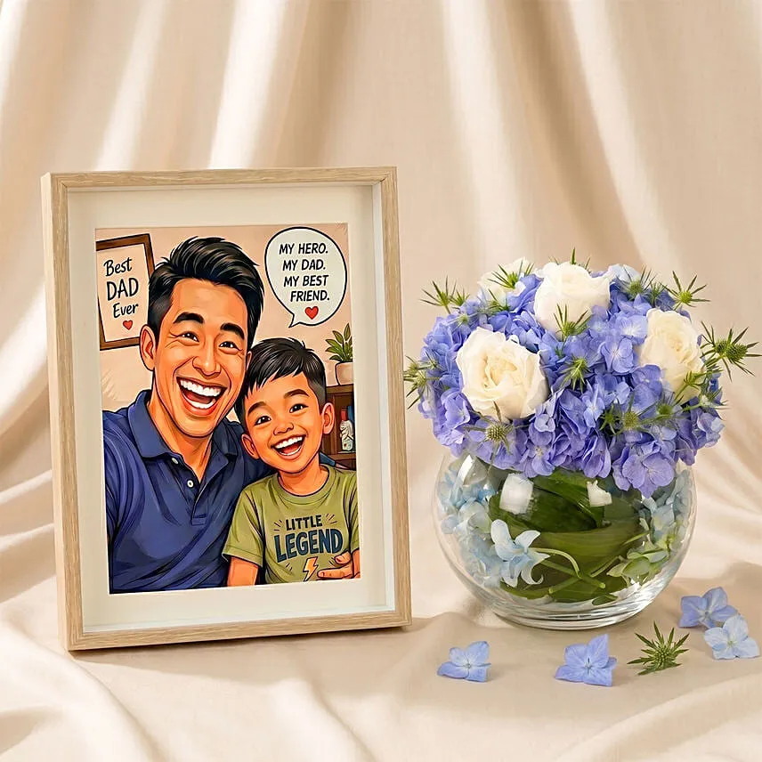 Personalised Father's Day Frame & Blue Hydrangea Glass Bowl Set