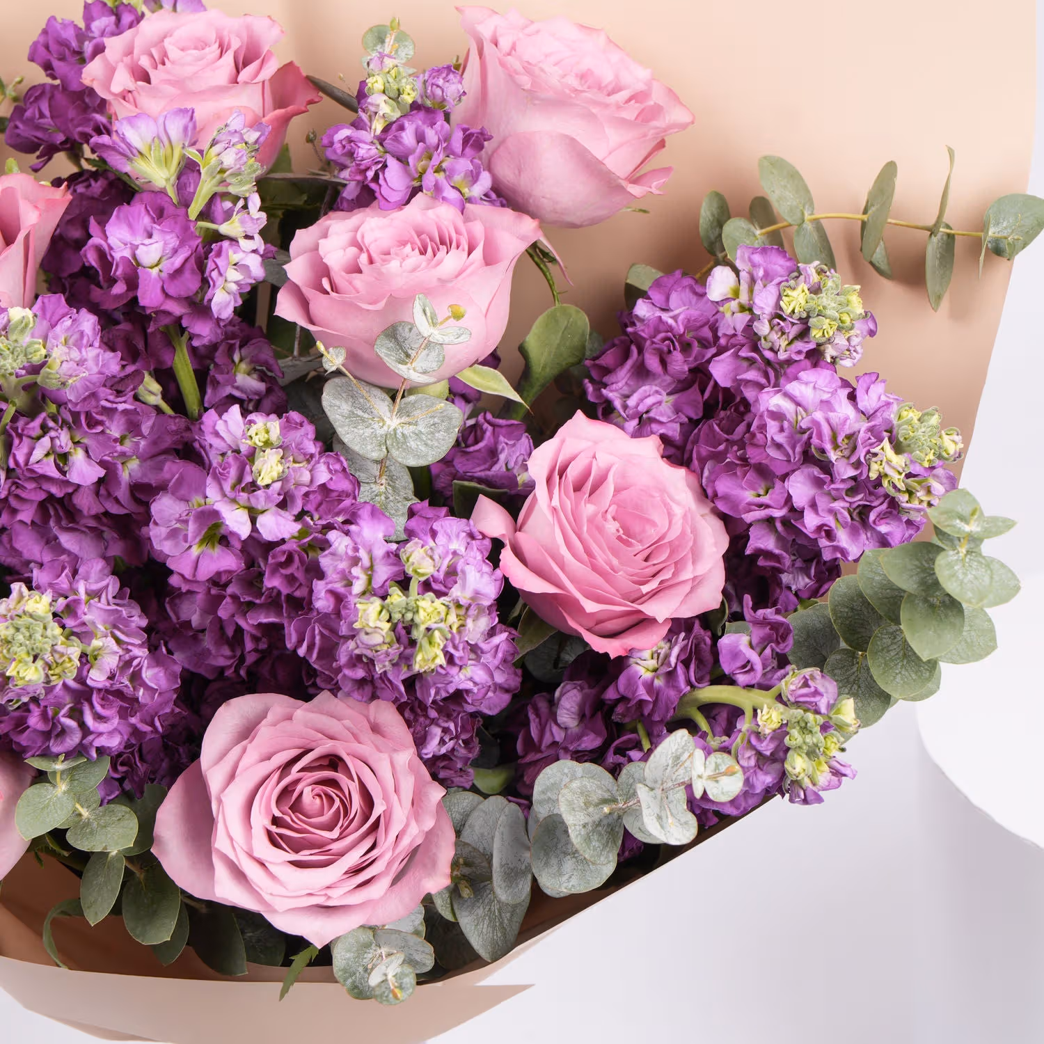 Elegant Purple Flower Bouquet with Roses and Eucalyptus