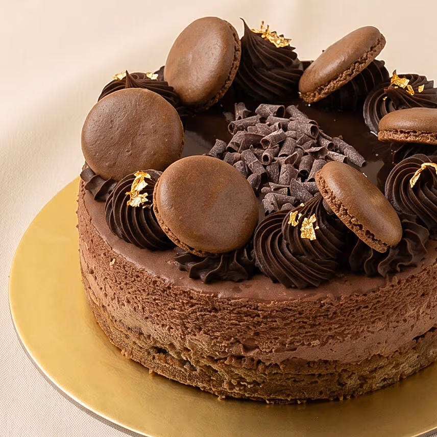 Decadent Chocolate Baked Cheesecake with Macarons