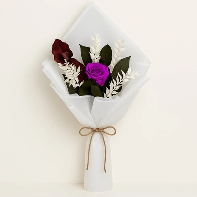 Exquisite Forever Purple Rose Bouquet with Italian Ruscus & Hojas Leaves