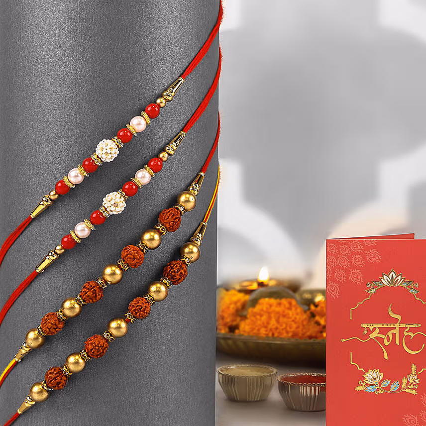 Pearls N Rudraksha Rakhi Set with Festive Delights