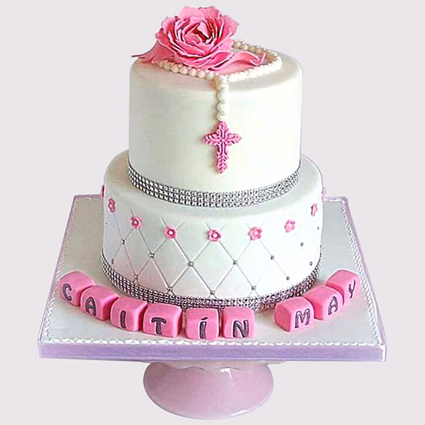 Pretty Pink Floral Christening Cake