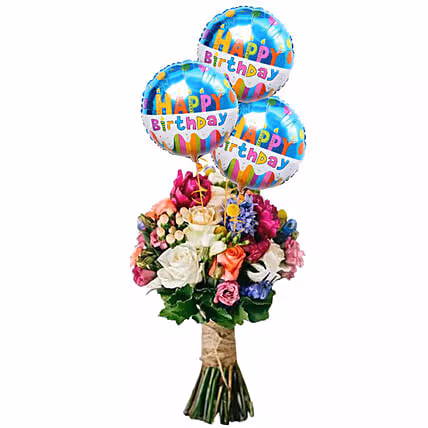 Mixed Flower Bunch With Birthday Balloons