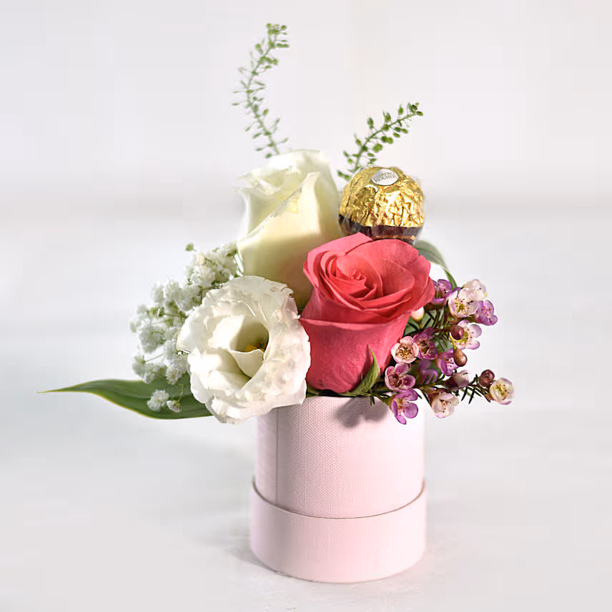 Pink Roses Box With Rocher & Birthday Balloon