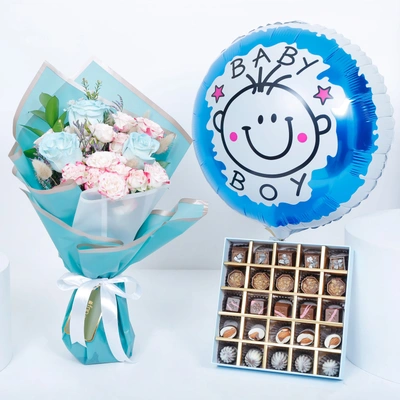 Empire Chocolate Baby Blue Box with Bouquet & Baby Boy Balloon - 25 Assorted Chocolates