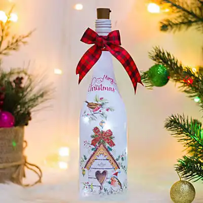 Festive Merry Christmas Hand-Painted Glass Bottle with LED Lights