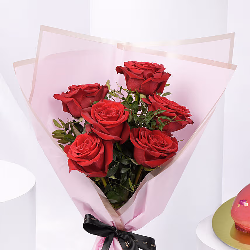 Valentine 6 Roses and Heart Cake Combo