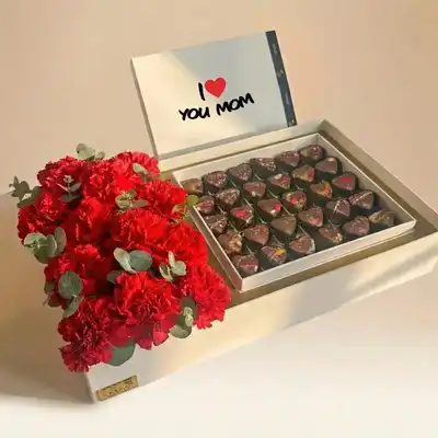 Elegant Red Carnations & Decadent Chocolate Box for Mother's Day