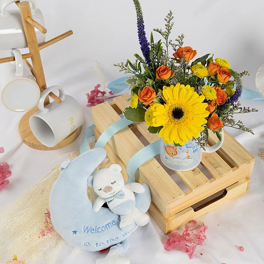 New Born Boy Flowers with Cozy Toy