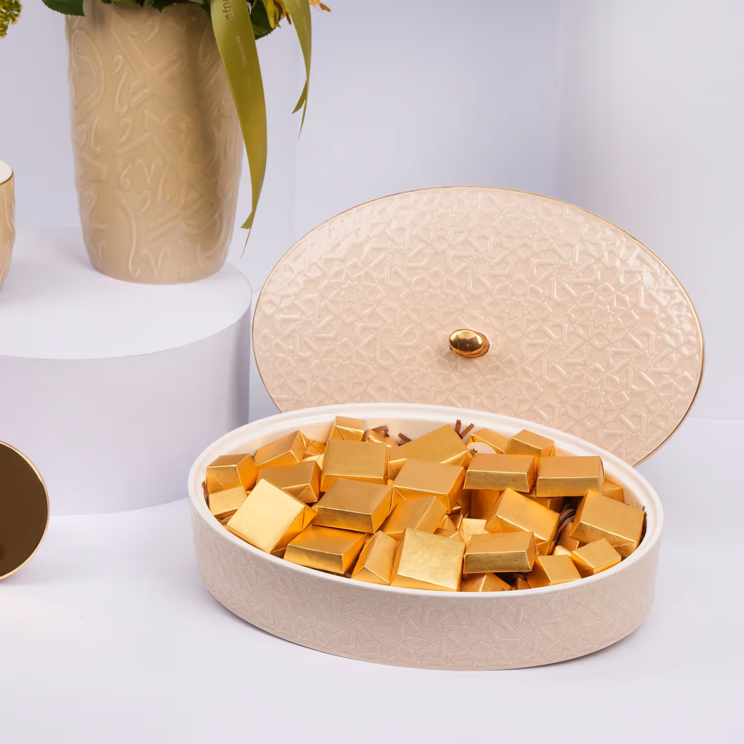 Otantik Home Luxury Set: Chocolate Beige Bowl, Vase & Candle