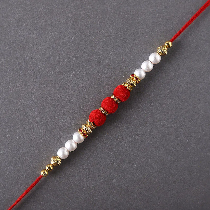 Sneh Red White Pearl Rakhi & Soan Papdi