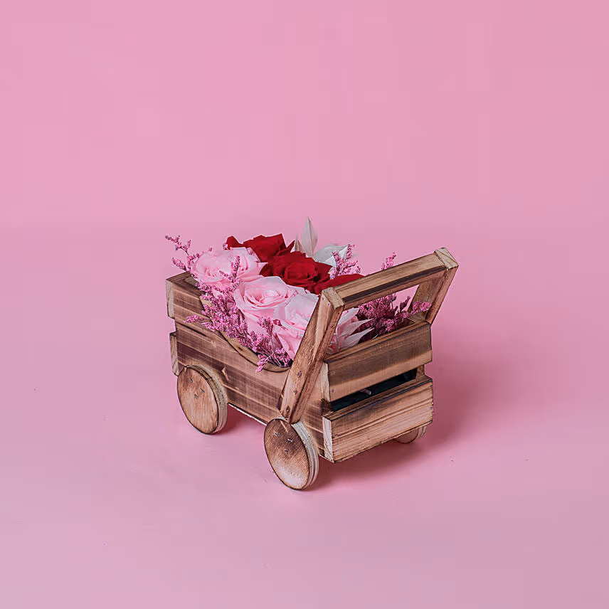 Preserved Roses Arrangment In a Cart