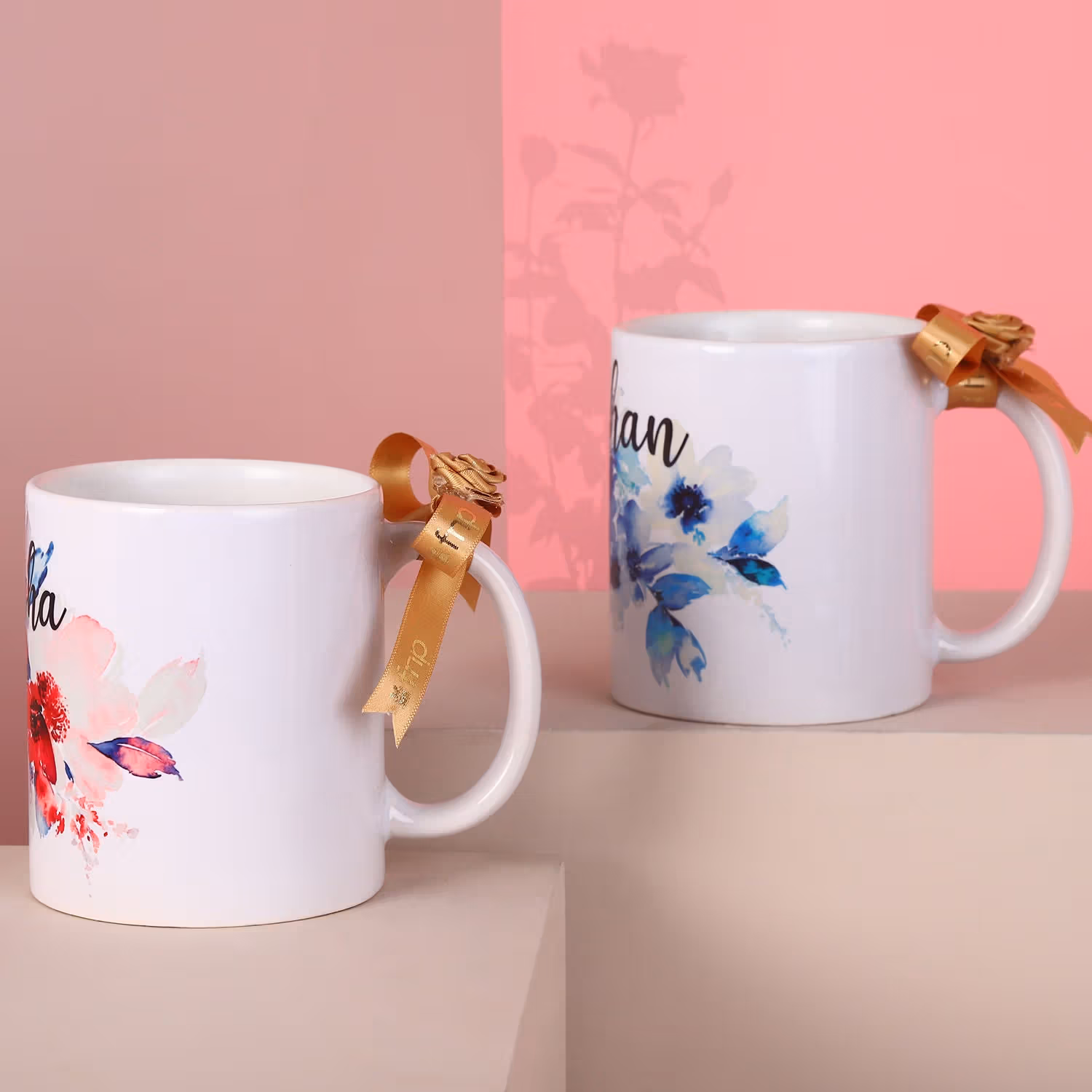 Elegant Personalized Name Couple Mugs - Set of 2 Ceramic Cups