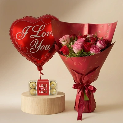 Romantic Blossom: Pink and Red Rose - With Chocolate N Balloon