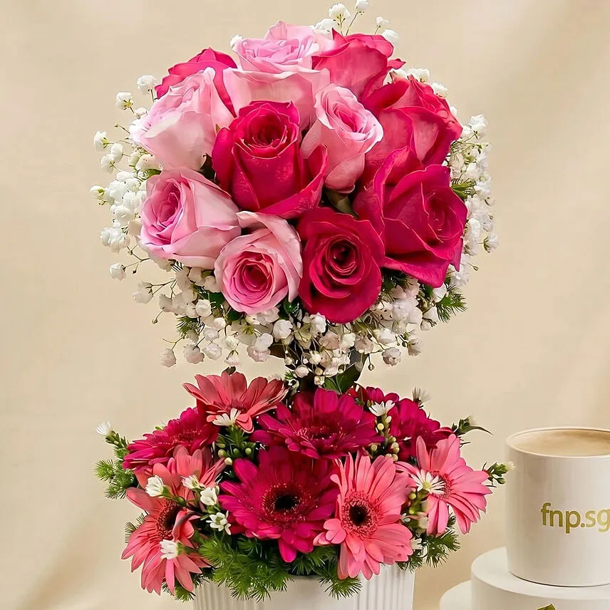 Flower Arrangement with Cake â€“ Mesmerised Pink