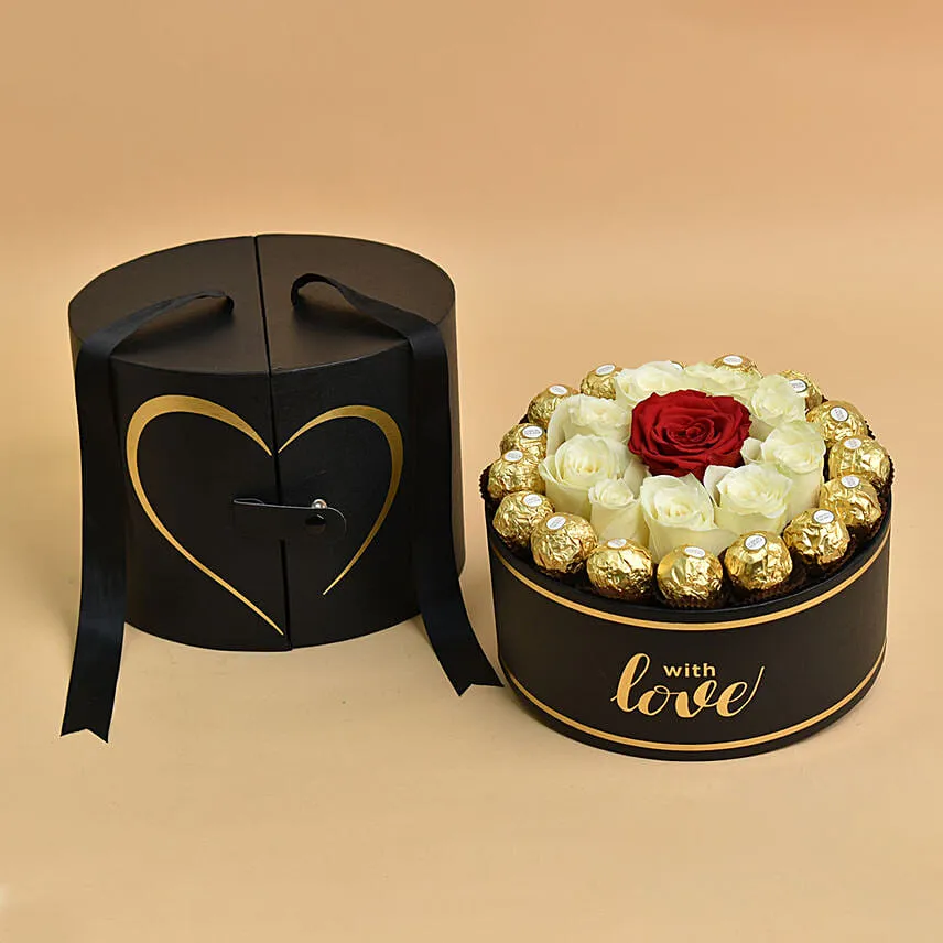 Roses with Chocolate In Black Love Box And I Love You Balloon