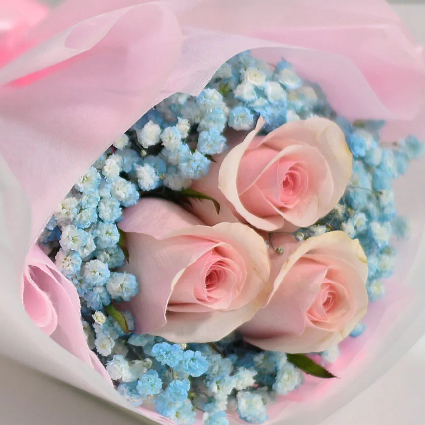 Lovely Pink Rose Baby Breath Bouquet With Teddy