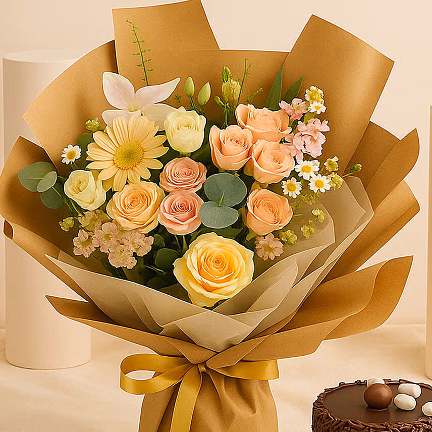 Dark Chocolate Mini Cake & Flower Bouquet