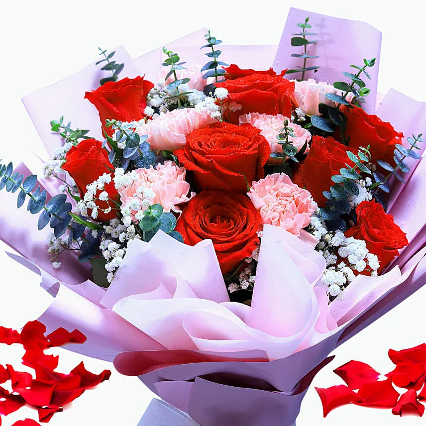 Mixed Flower Bouquet With Red Velvet Heart Shaped Cake