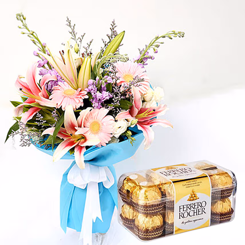 Attractive Gerberas And Lavender Flower Bouquet with Ferrero Rocher