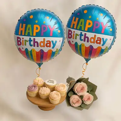 Birthday Festive Cupcake Set With Balloons n Roses