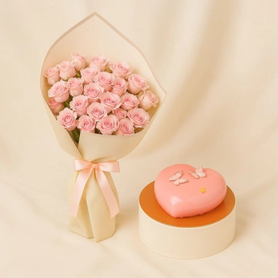 Pink Spray Rose n Heart Shape Cake Combo