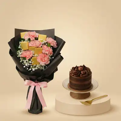 Pink Carnation Bouquet Surprise - Big Size n Mini Cake
