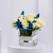 Elegant White Roses and Blue Ruscus Glass Vase Arrangement