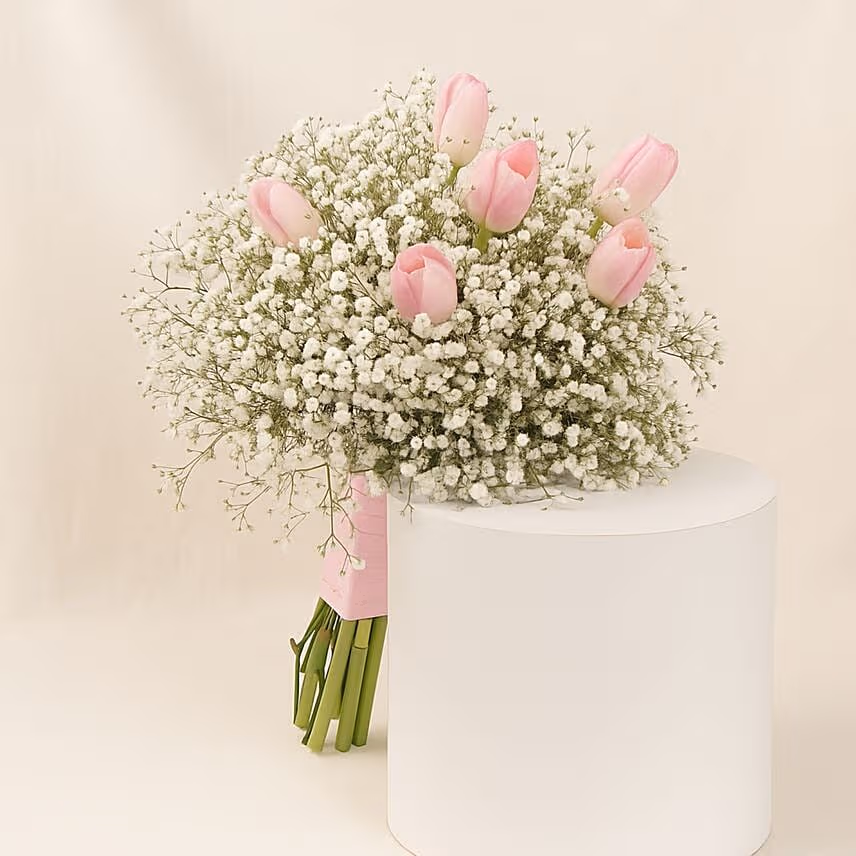 Pink Tulip & Babyâ€™s Breath Bridal Bouquet