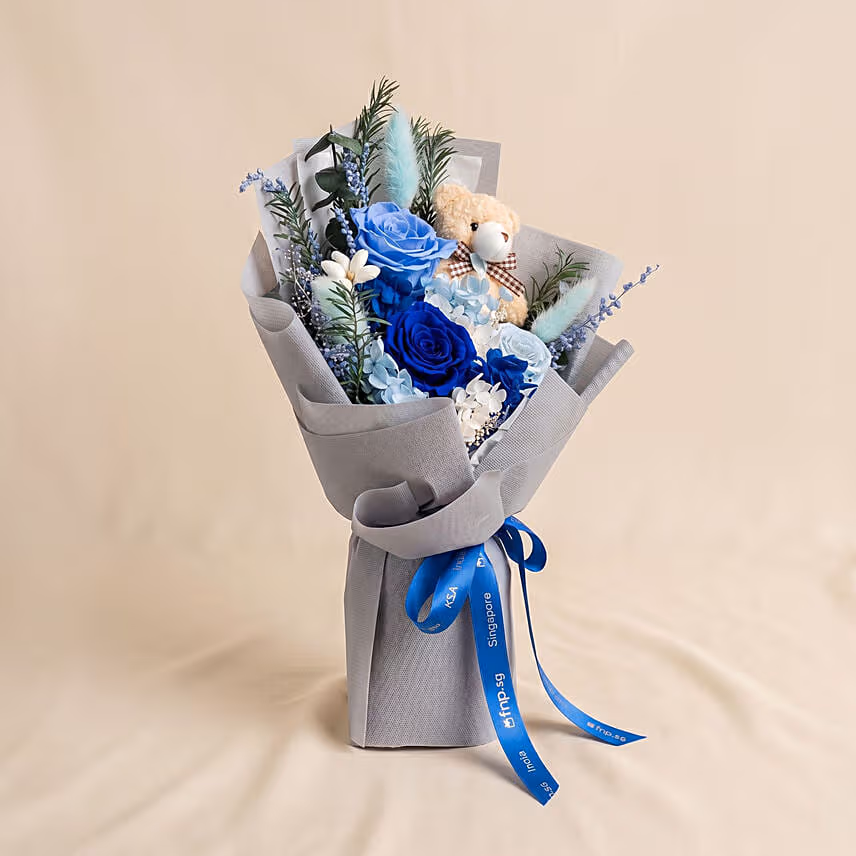 Mystic Blue Preserved Roses Bouquet with Teddy Bear
