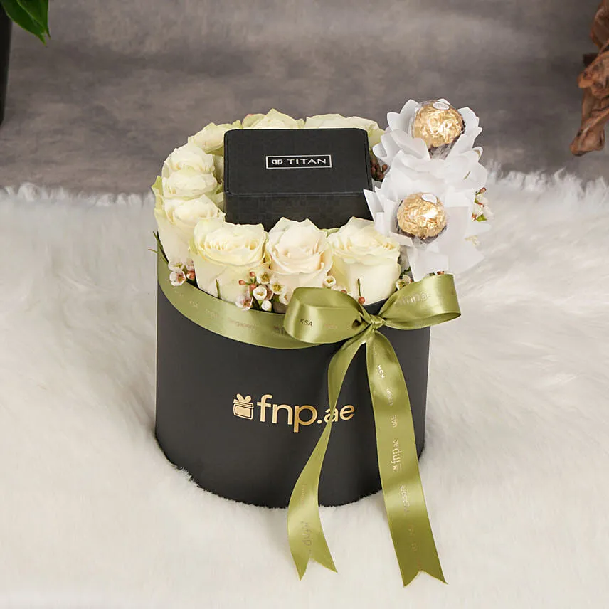 Titan Quartz Analog Watch for Men Exquisitely Gift Boxed With White Rose N Chocolate