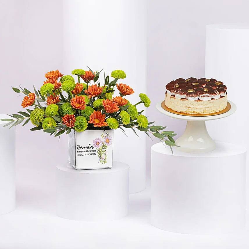 Chrysanthemum Birthday Flowers N Tiramisu Cake