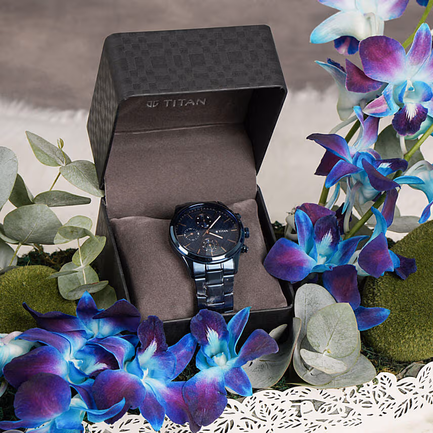 Titan Watch Blue Dial & Flowers for Him