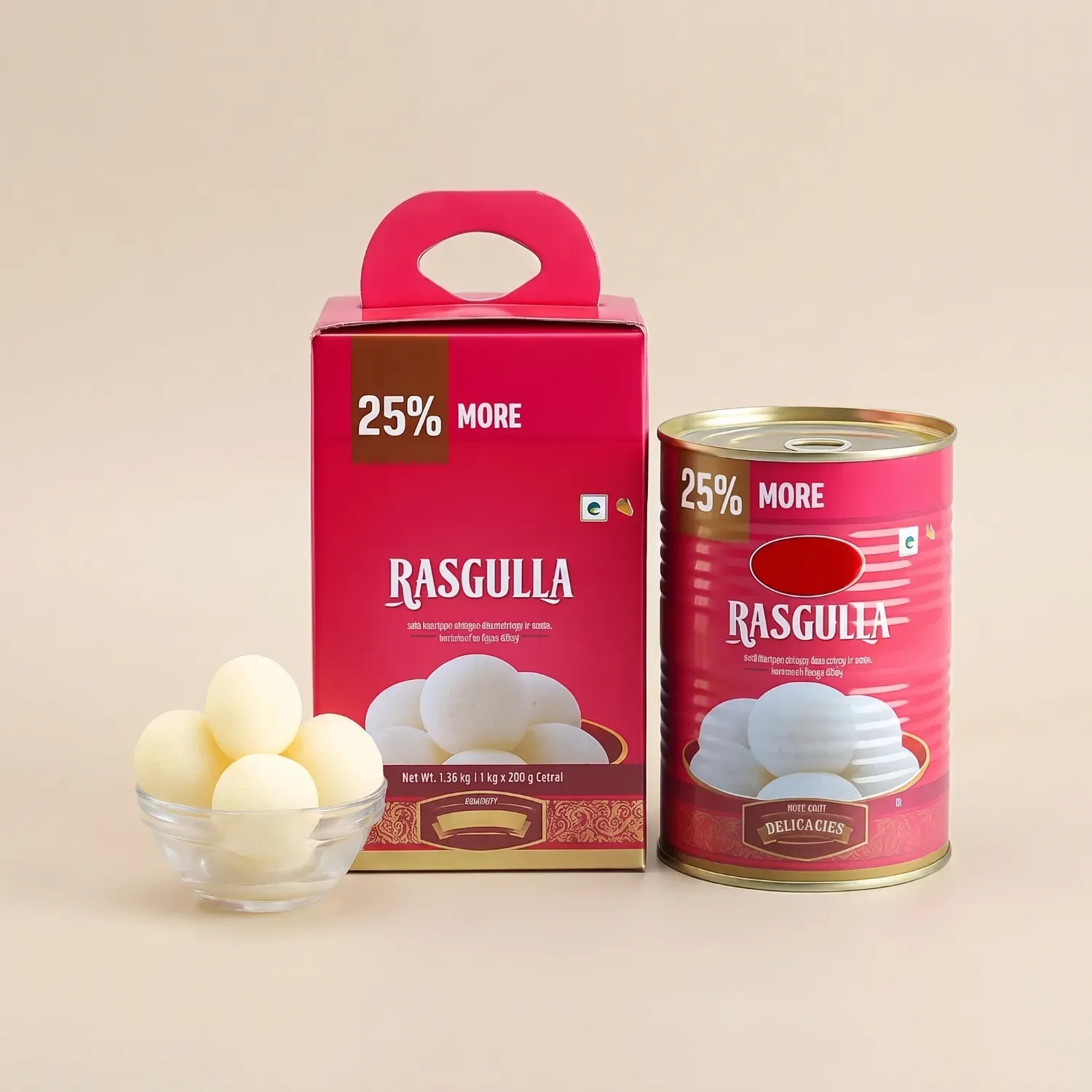 1.25 Kg Rasgulla Tin Pack - Soft Cottage Cheese Dumplings in Rose-Flavored Syrup