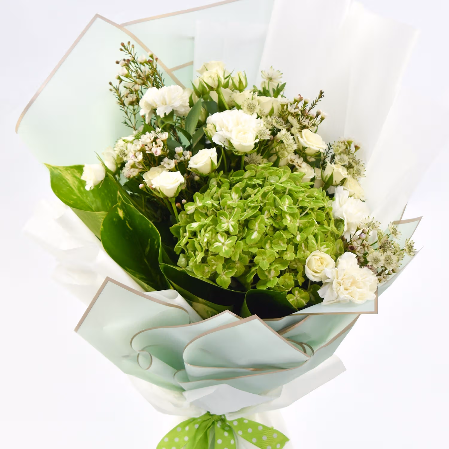 Green Hydrengea Bouquet with White Roses