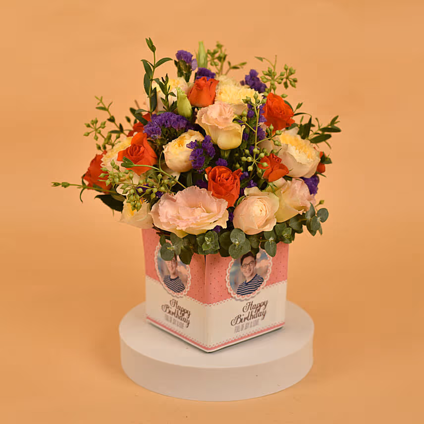 Comely Spray Roses in square Personalised Glass Vase