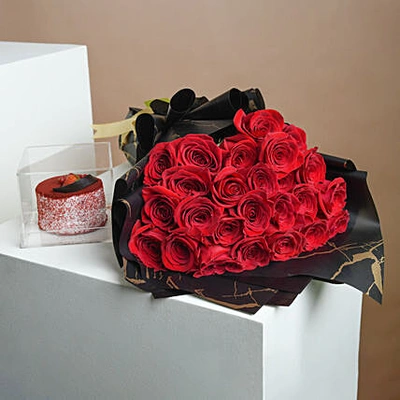 Elegant Red Roses Bouquet with Decadent Red Velvet Mono Cake
