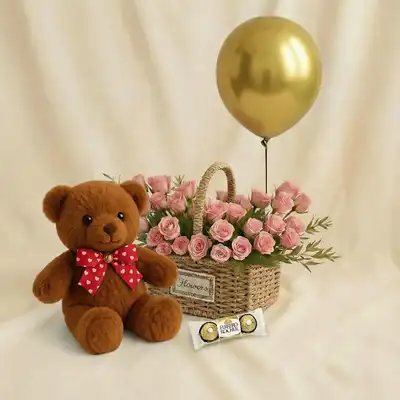 Delicate Spray Rose Basket - With Teddy n Balloon