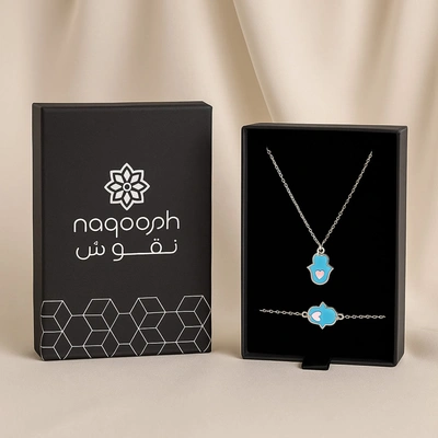 Elegant Hamsa Heart Necklace & Bracelet Set | Blue Serenity Edition