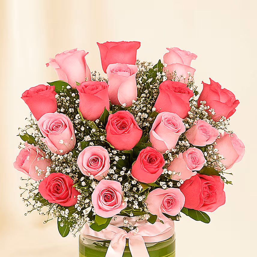 Beautiful Pink Roses Glass Vase Arrangement
