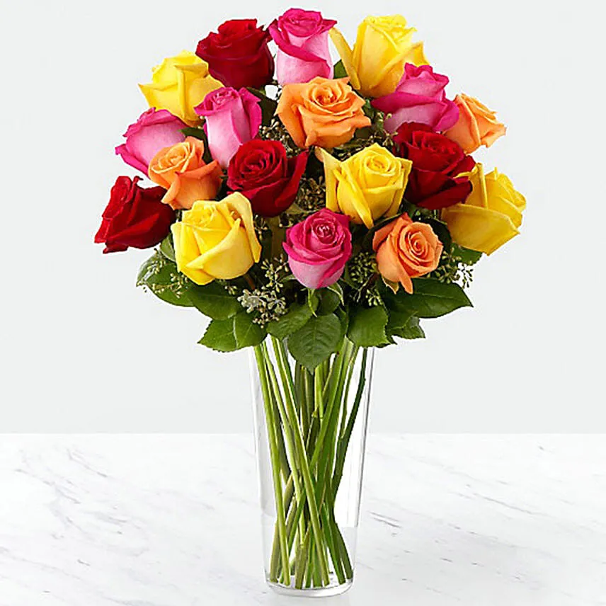 Vase Of 12 Vivid Roses with Ferrero Rocher