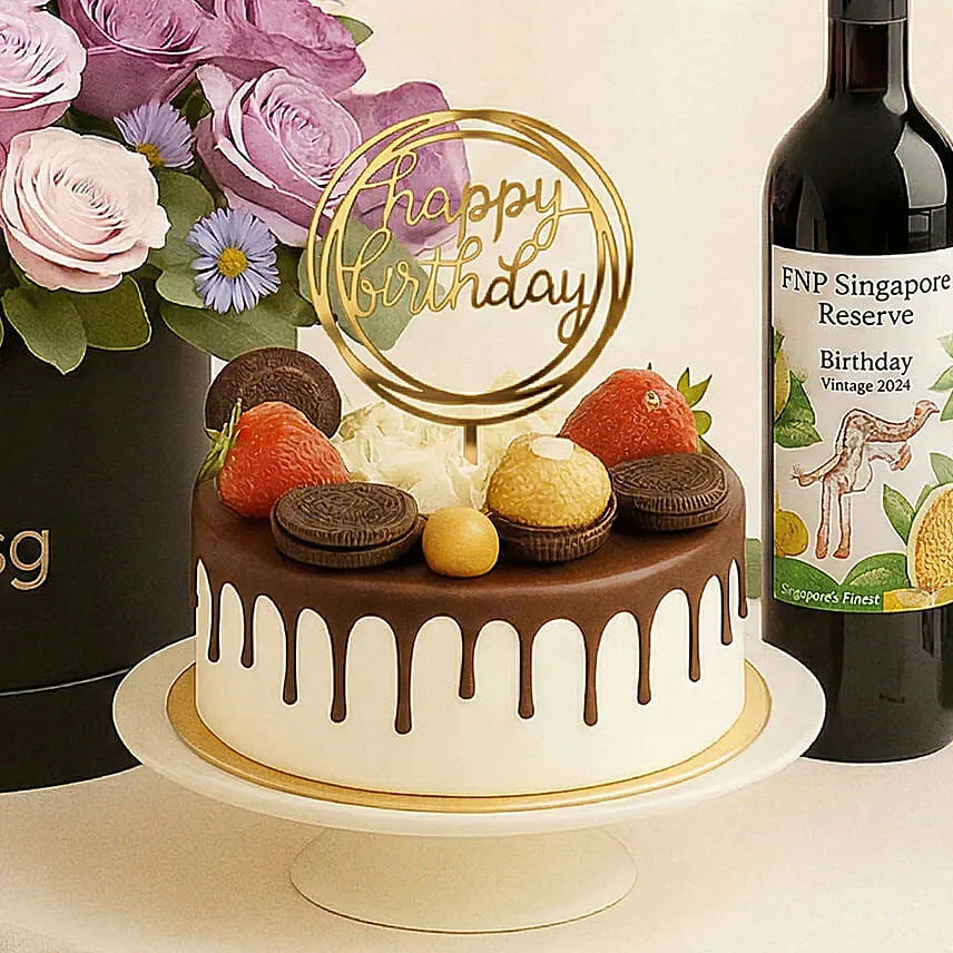 Birthday Flowers Cake & Wine Bundle